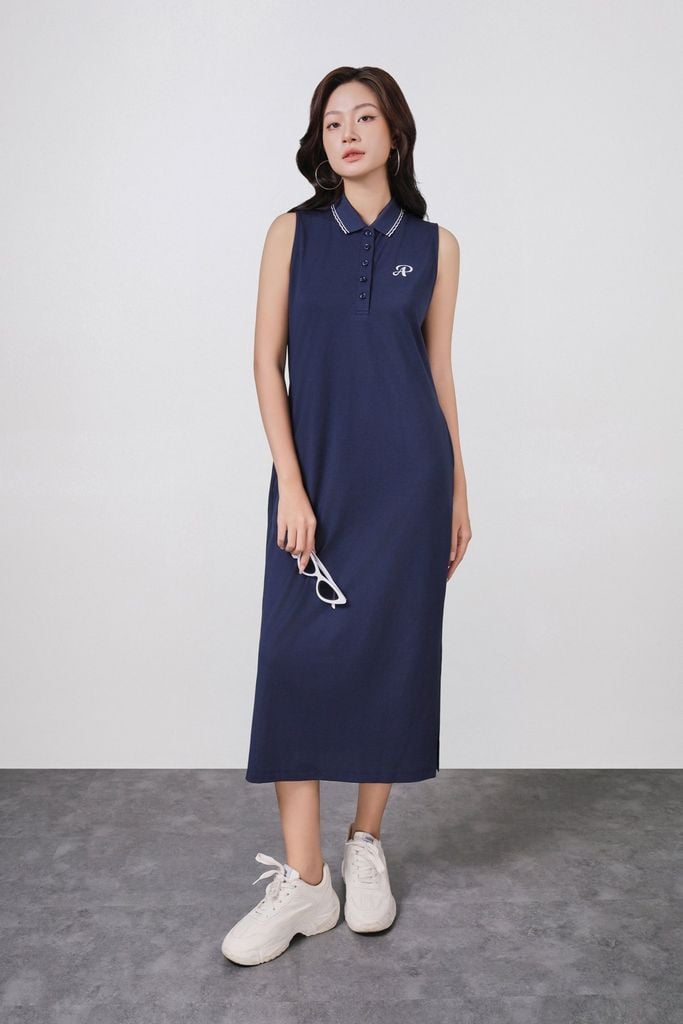 FDD3191 - Đầm dệt kim vải cotton cao cấp dáng suông cổ polo không tay ngực áo thêu hoạ tiết thời trang - PANTIO