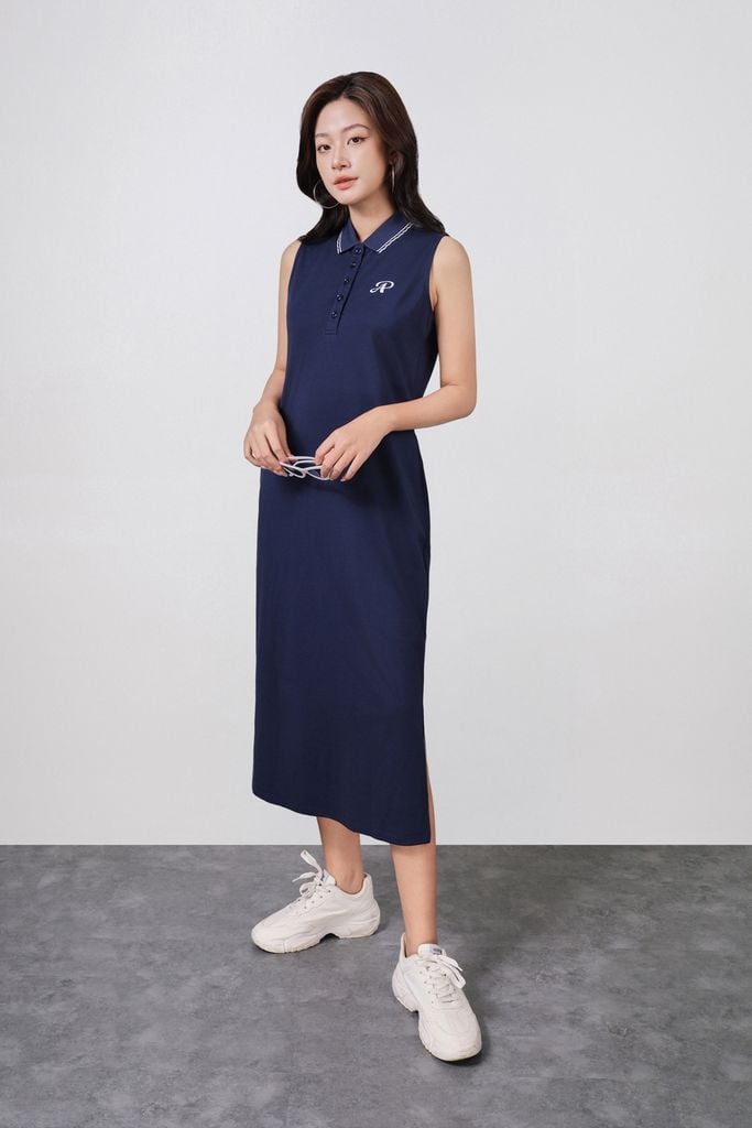 FDD3191 - Đầm dệt kim vải cotton cao cấp dáng suông cổ polo không tay ngực áo thêu hoạ tiết thời trang - PANTIO