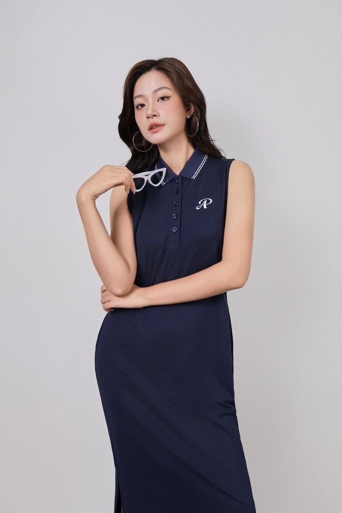 FDD3191 - Đầm dệt kim vải cotton cao cấp dáng suông cổ polo không tay ngực áo thêu hoạ tiết thời trang - PANTIO