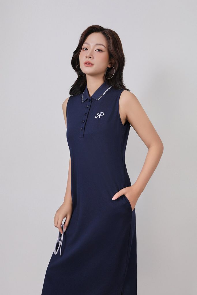 FDD3191 - Đầm dệt kim vải cotton cao cấp dáng suông cổ polo không tay ngực áo thêu hoạ tiết thời trang - PANTIO