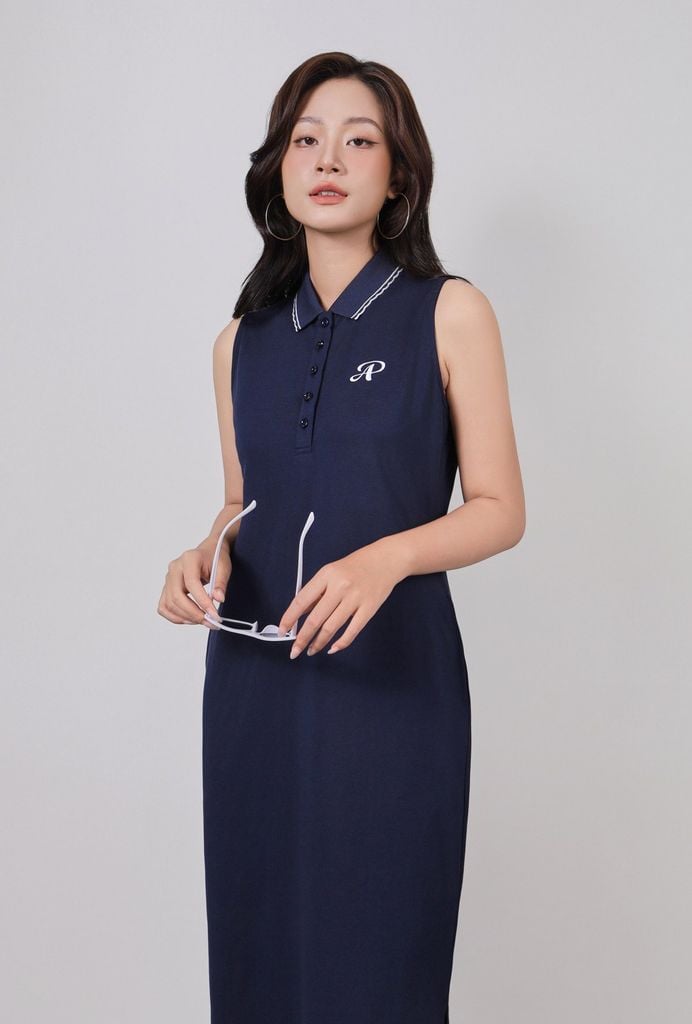 FDD3191 - Đầm dệt kim vải cotton cao cấp dáng suông cổ polo không tay ngực áo thêu hoạ tiết thời trang - PANTIO