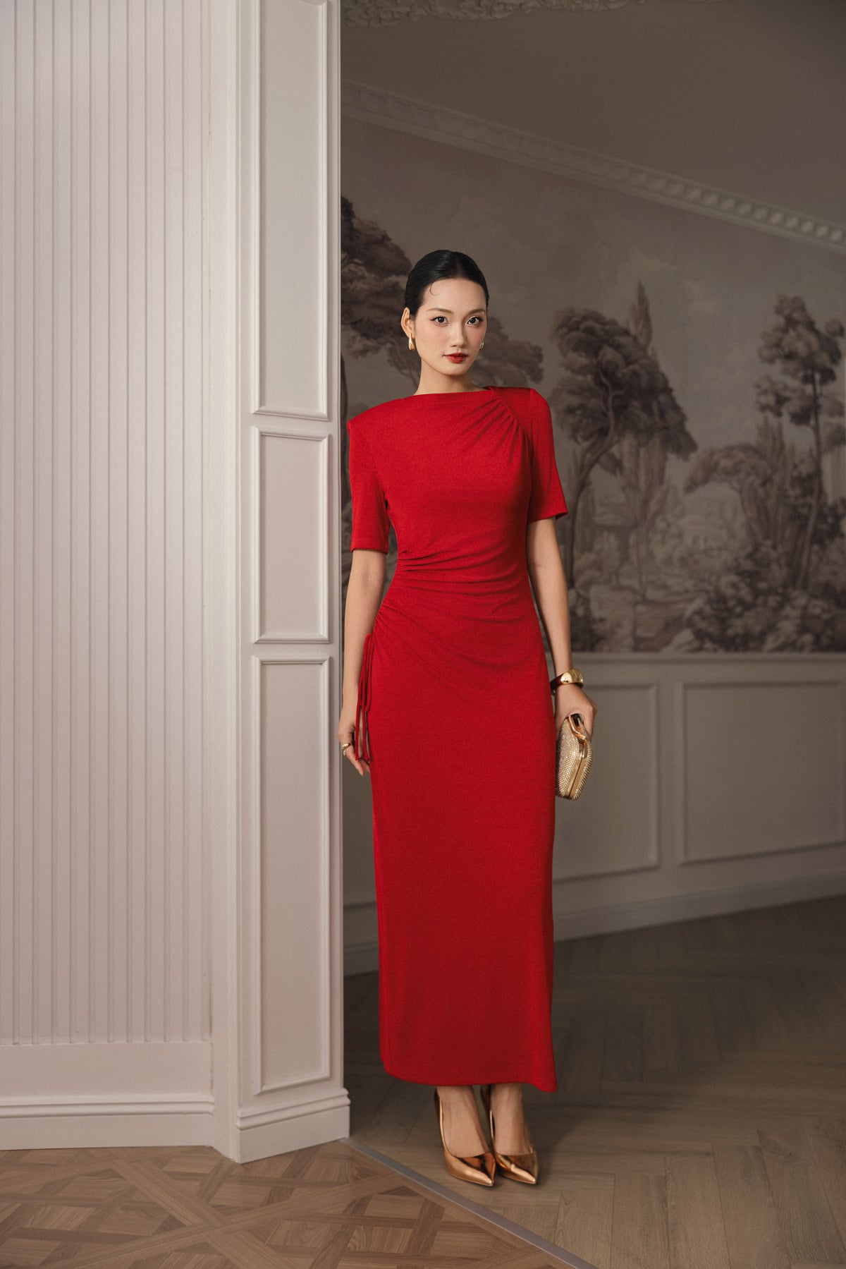 FDD7188 - Đầm dệt kim vải len dáng ôm cổ tròn tay ngắn eo xếp nhún phối dây thắt nơ tạo kiểu - PANTIO