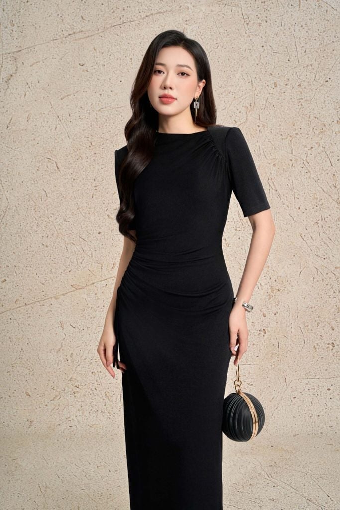 FDD7188 - Đầm dệt kim vải len dáng ôm cổ tròn tay ngắn eo xếp nhún phối dây thắt nơ tạo kiểu - PANTIO