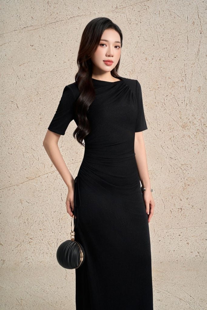 FDD7188 - Đầm dệt kim vải len dáng ôm cổ tròn tay ngắn eo xếp nhún phối dây thắt nơ tạo kiểu - PANTIO