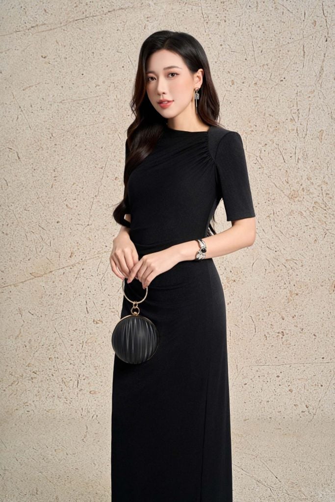 FDD7188 - Đầm dệt kim vải len dáng ôm cổ tròn tay ngắn eo xếp nhún phối dây thắt nơ tạo kiểu - PANTIO