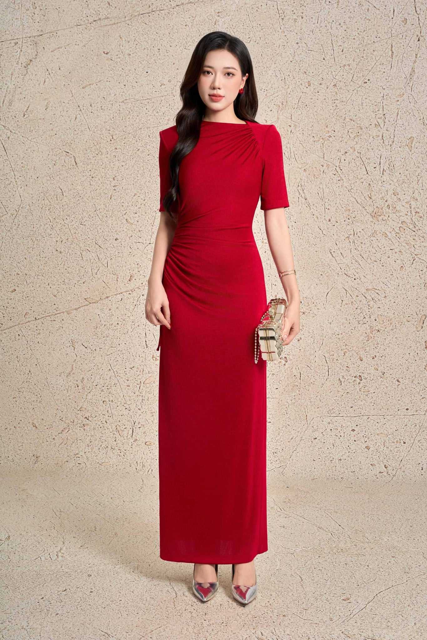 FDD7188 - Đầm dệt kim vải len dáng ôm cổ tròn tay ngắn eo xếp nhún phối dây thắt nơ tạo kiểu - PANTIO