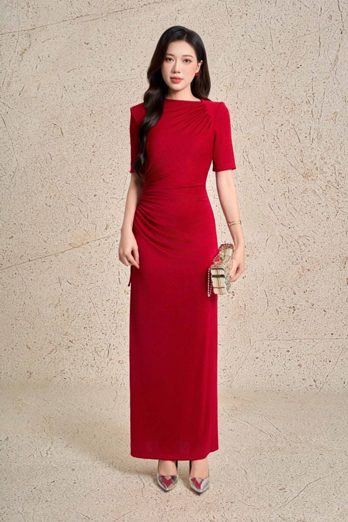 FDD7188 - Đầm dệt kim vải len dáng ôm cổ tròn tay ngắn eo xếp nhún phối dây thắt nơ tạo kiểu - PANTIO