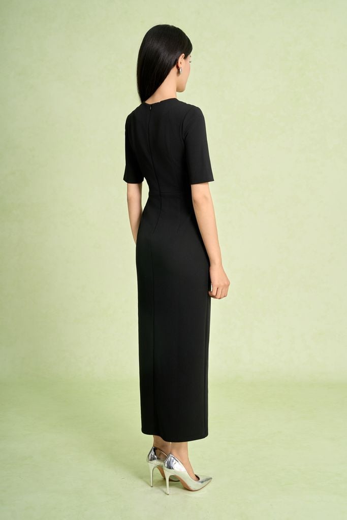 FDD7189 - Đầm dệt kim vải cotton dáng ôm cổ tròn tay lửng eo váy xếp nhún tạo kiểu khoá thân sau - PANTIO