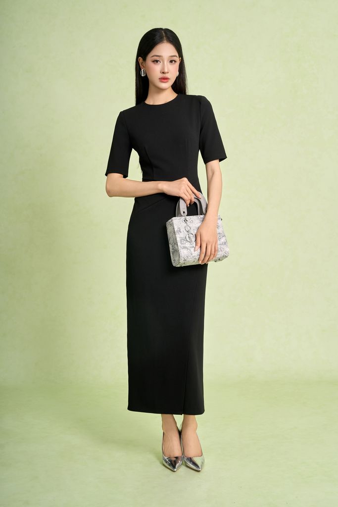 FDD7189 - Đầm dệt kim vải cotton dáng ôm cổ tròn tay lửng eo váy xếp nhún tạo kiểu khoá thân sau - PANTIO