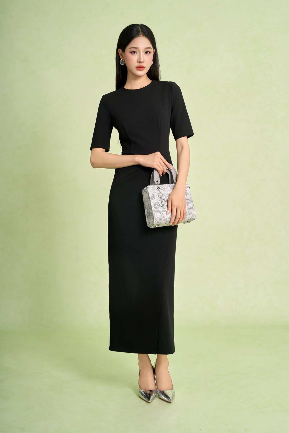 FDD7189 - Đầm dệt kim vải cotton dáng ôm cổ tròn tay lửng eo váy xếp nhún tạo kiểu khoá thân sau - PANTIO