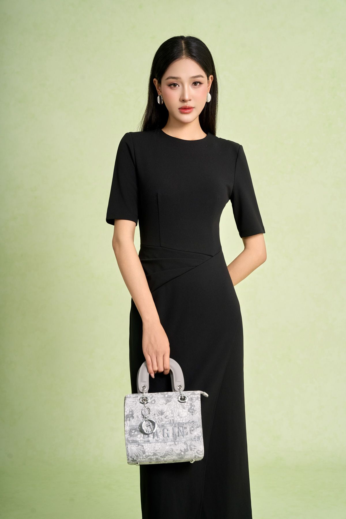 FDD7189 - Đầm dệt kim vải cotton dáng ôm cổ tròn tay lửng eo váy xếp nhún tạo kiểu khoá thân sau - PANTIO