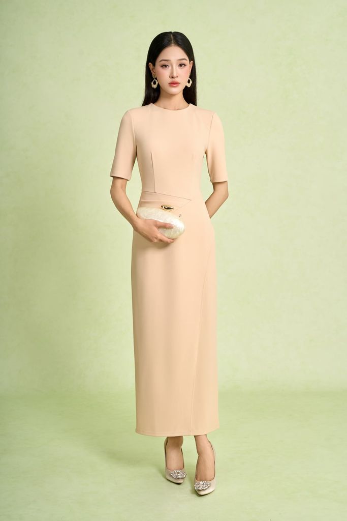 FDD7189 - Đầm dệt kim vải cotton dáng ôm cổ tròn tay lửng eo váy xếp nhún tạo kiểu khoá thân sau - PANTIO