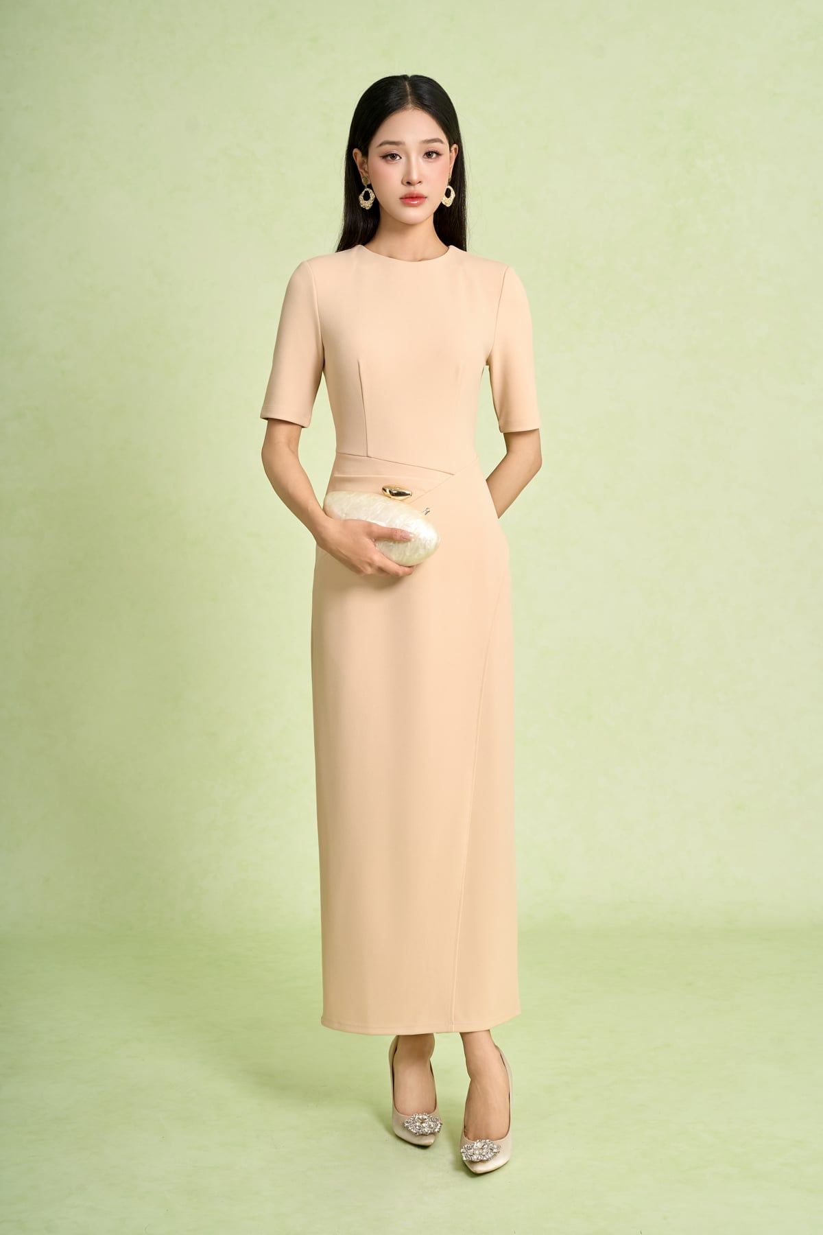 FDD7189 - Đầm dệt kim vải cotton dáng ôm cổ tròn tay lửng eo váy xếp nhún tạo kiểu khoá thân sau - PANTIO