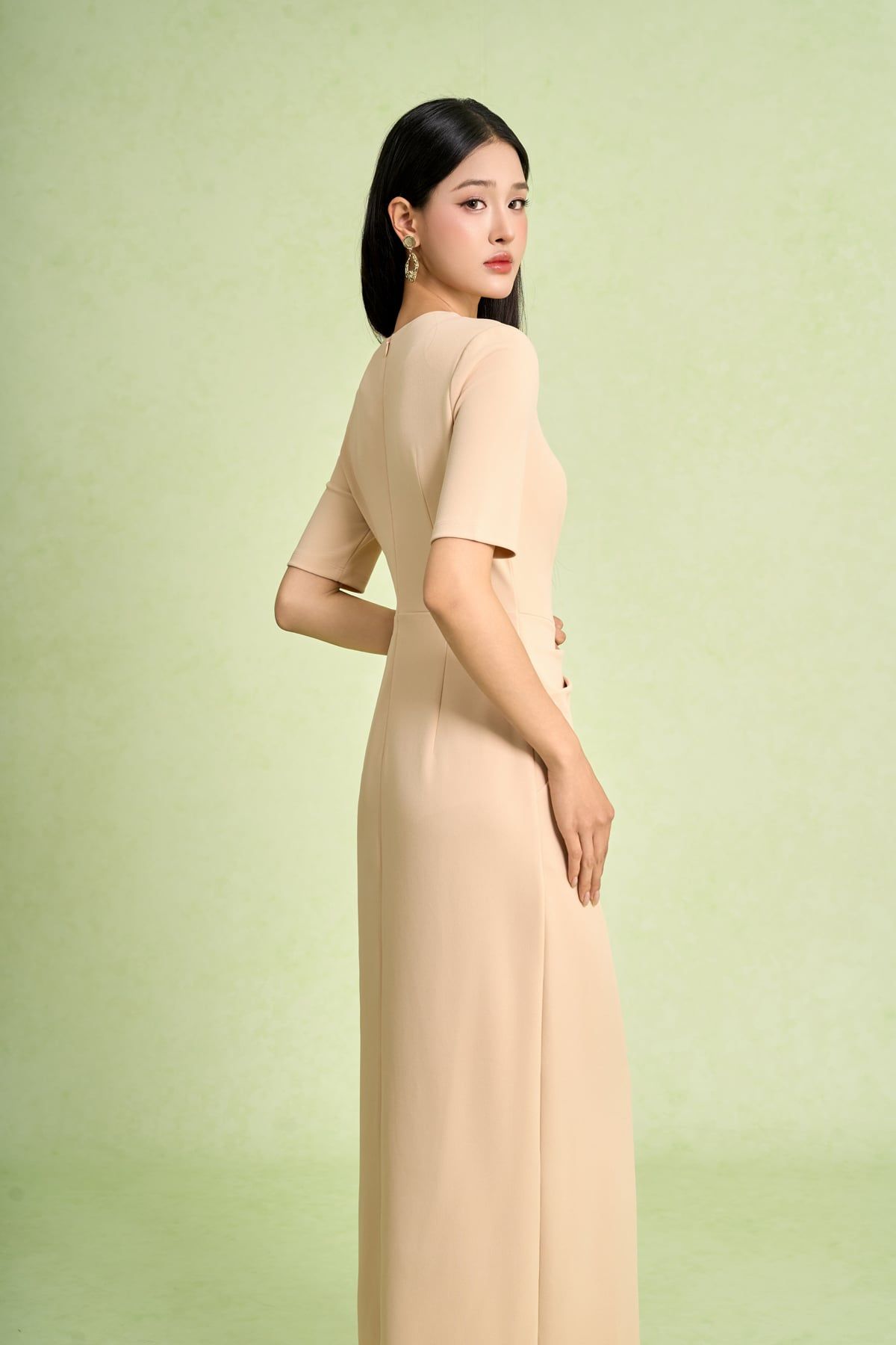 FDD7189 - Đầm dệt kim vải cotton dáng ôm cổ tròn tay lửng eo váy xếp nhún tạo kiểu khoá thân sau - PANTIO