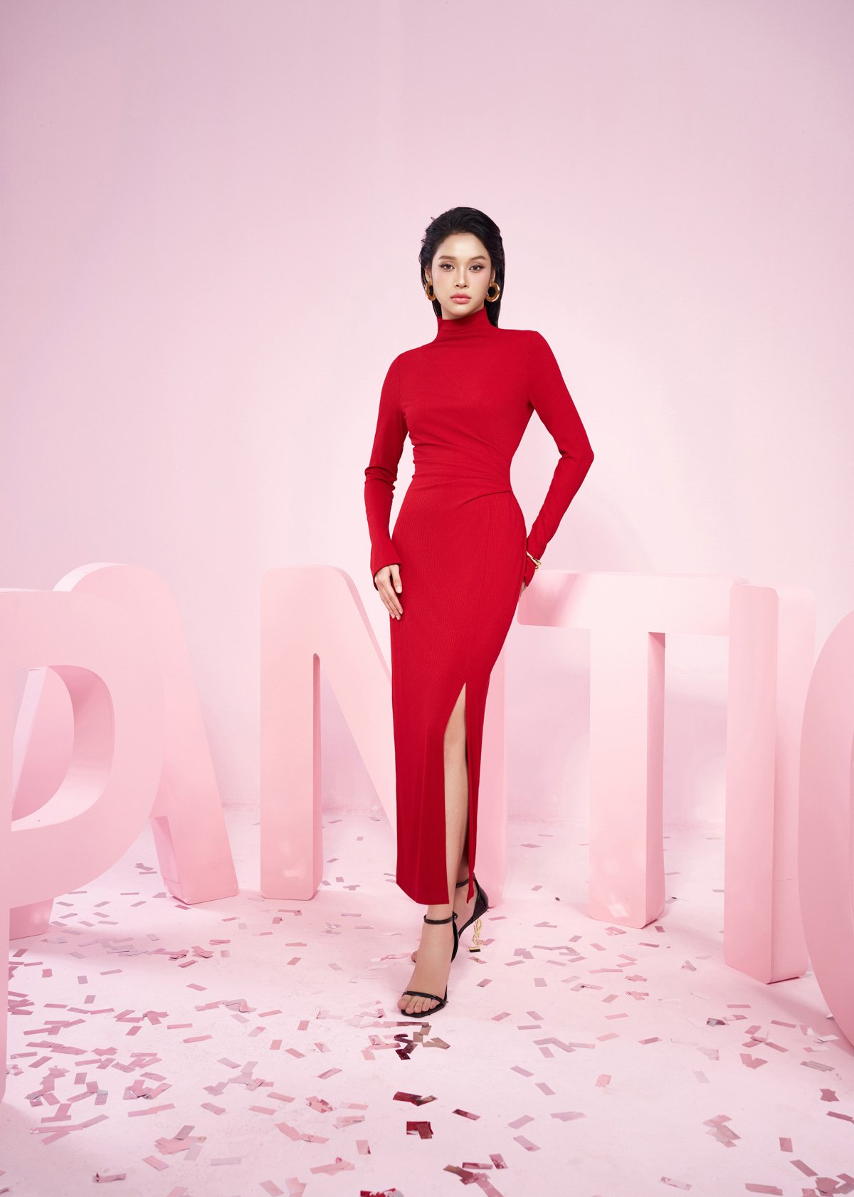 FDD9149 - Đầm len cao cấp dáng ôm cổ cao eo nhún tạo kiểu xẻ tà trước - PANTIO