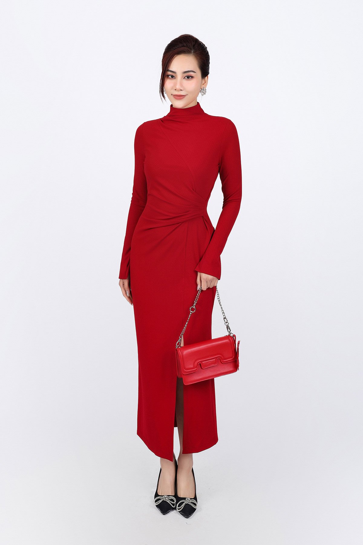 FDD9149 - Đầm len cao cấp dáng ôm cổ cao eo nhún tạo kiểu xẻ tà trước - PANTIO