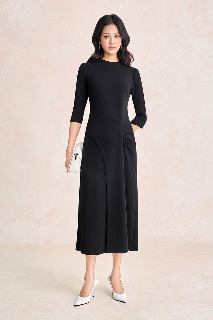 FDD9196 - Đầm dệt kim vải cotton dáng chữ A cổ tròn tay lửng thân váy phối nhún tạo kiểu khoá thân sau - PANTIO
