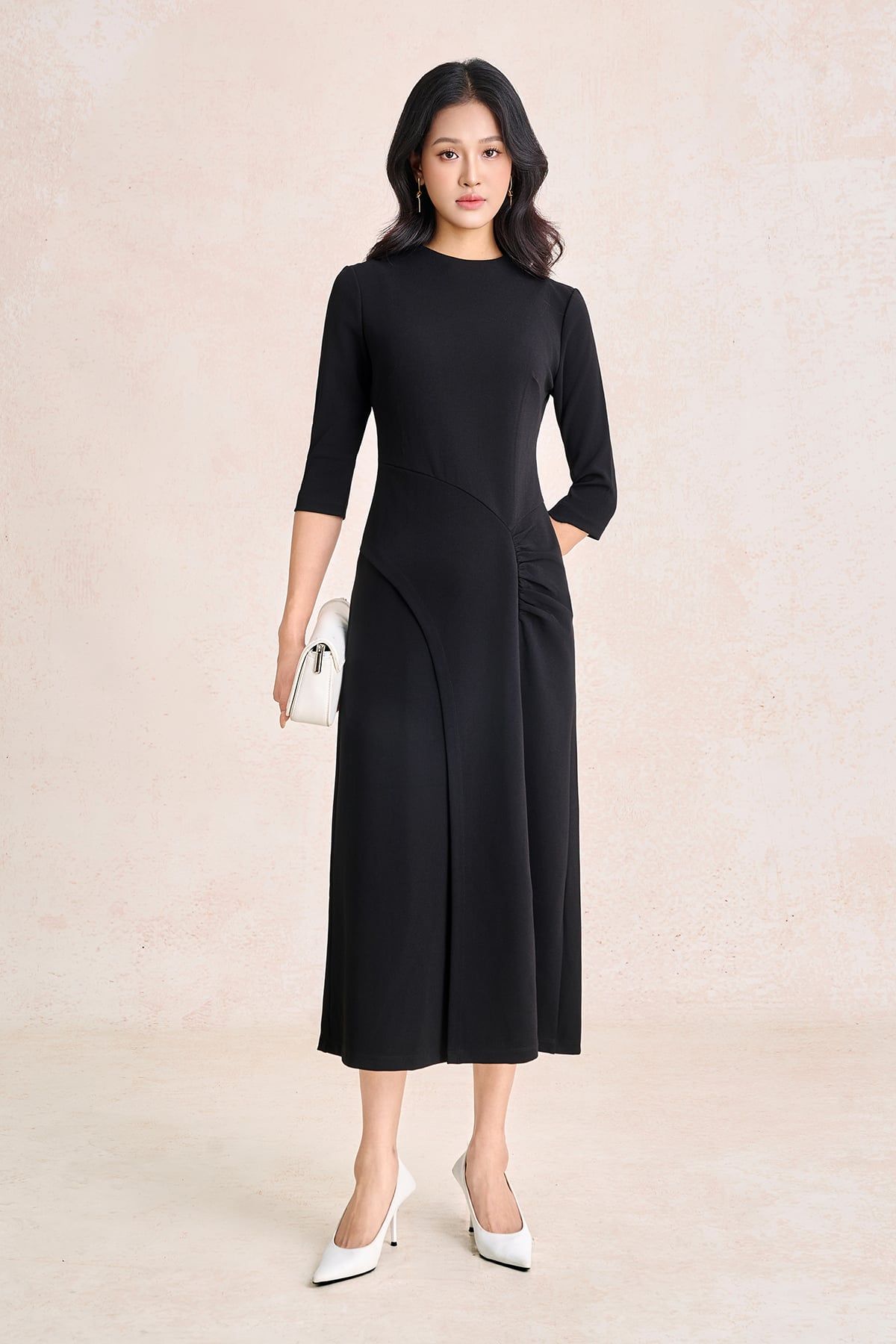 FDD9196 - Đầm dệt kim vải cotton dáng chữ A cổ tròn tay lửng thân váy phối nhún tạo kiểu khoá thân sau - PANTIO