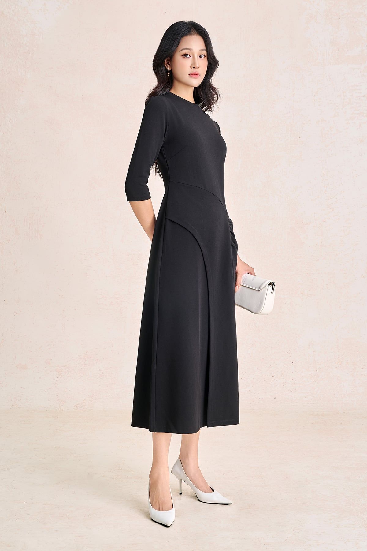 FDD9196 - Đầm dệt kim vải cotton dáng chữ A cổ tròn tay lửng thân váy phối nhún tạo kiểu khoá thân sau - PANTIO