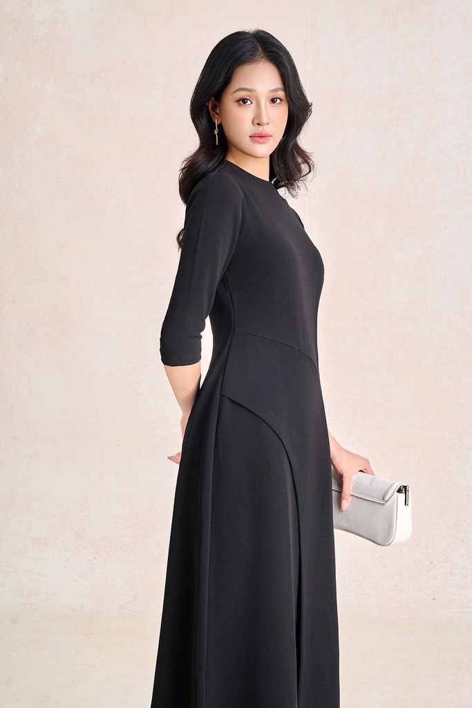 FDD9196 - Đầm dệt kim vải cotton dáng chữ A cổ tròn tay lửng thân váy phối nhún tạo kiểu khoá thân sau - PANTIO