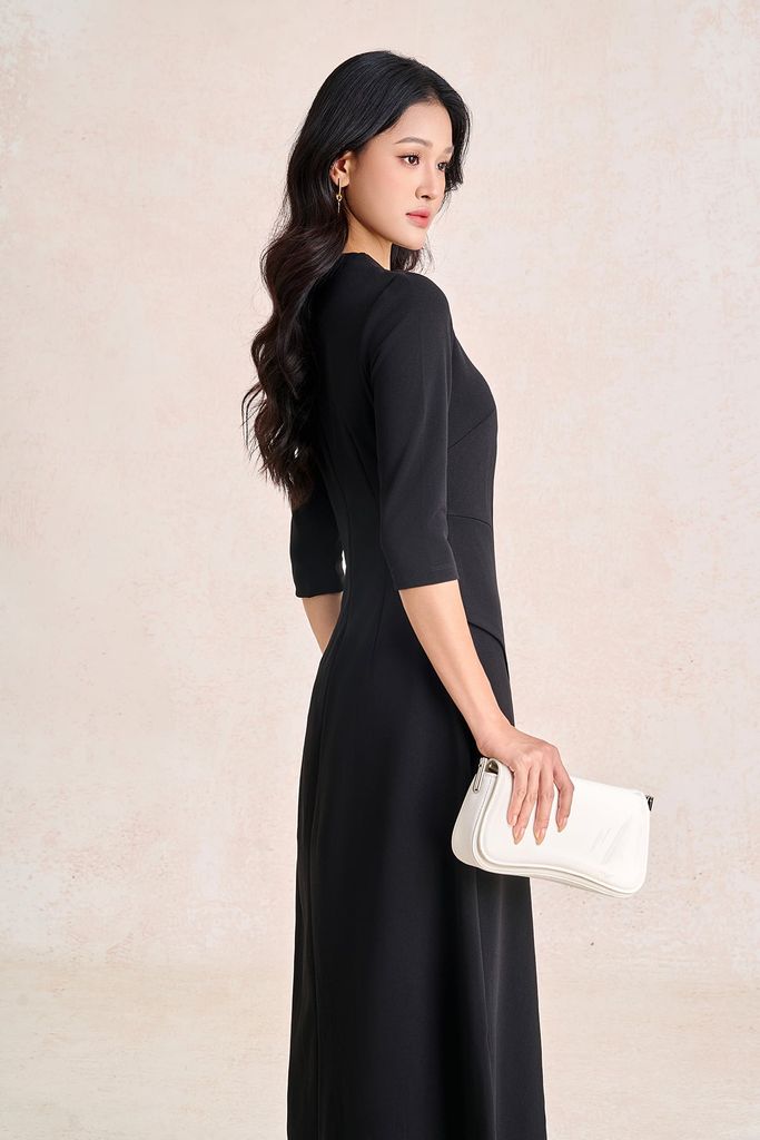 FDD9196 - Đầm dệt kim vải cotton dáng chữ A cổ tròn tay lửng thân váy phối nhún tạo kiểu khoá thân sau - PANTIO