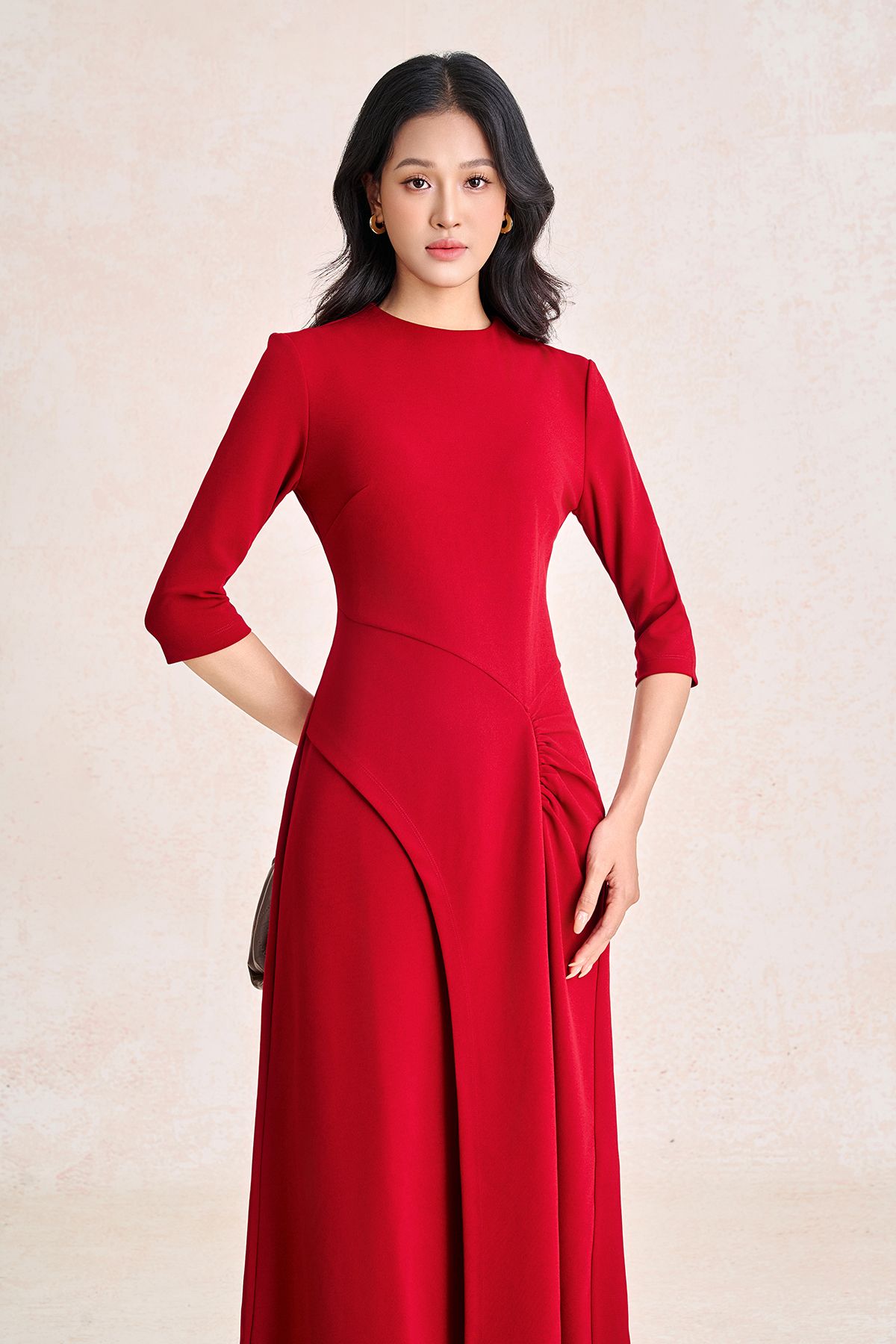 FDD9196 - Đầm dệt kim vải cotton dáng chữ A cổ tròn tay lửng thân váy phối nhún tạo kiểu khoá thân sau - PANTIO