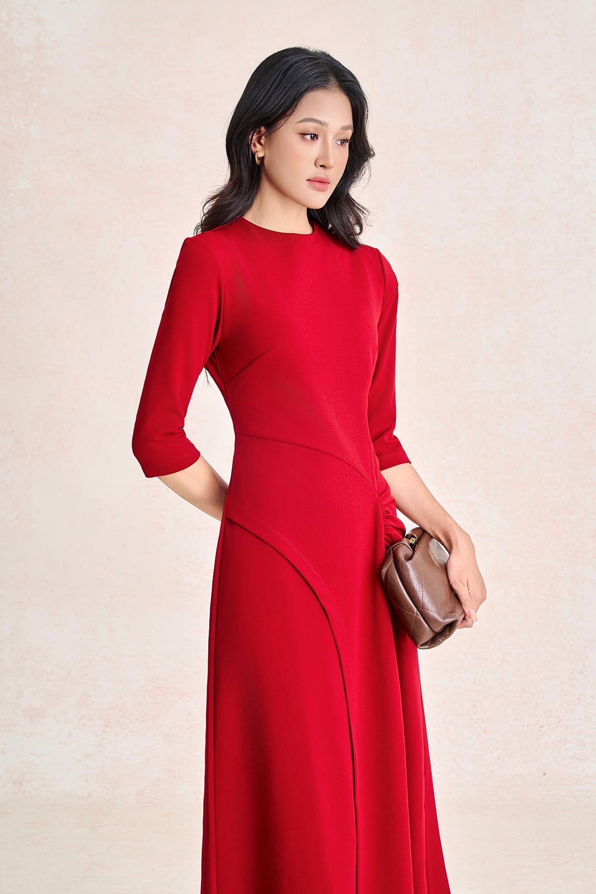 FDD9196 - Đầm dệt kim vải cotton dáng chữ A cổ tròn tay lửng thân váy phối nhún tạo kiểu khoá thân sau - PANTIO