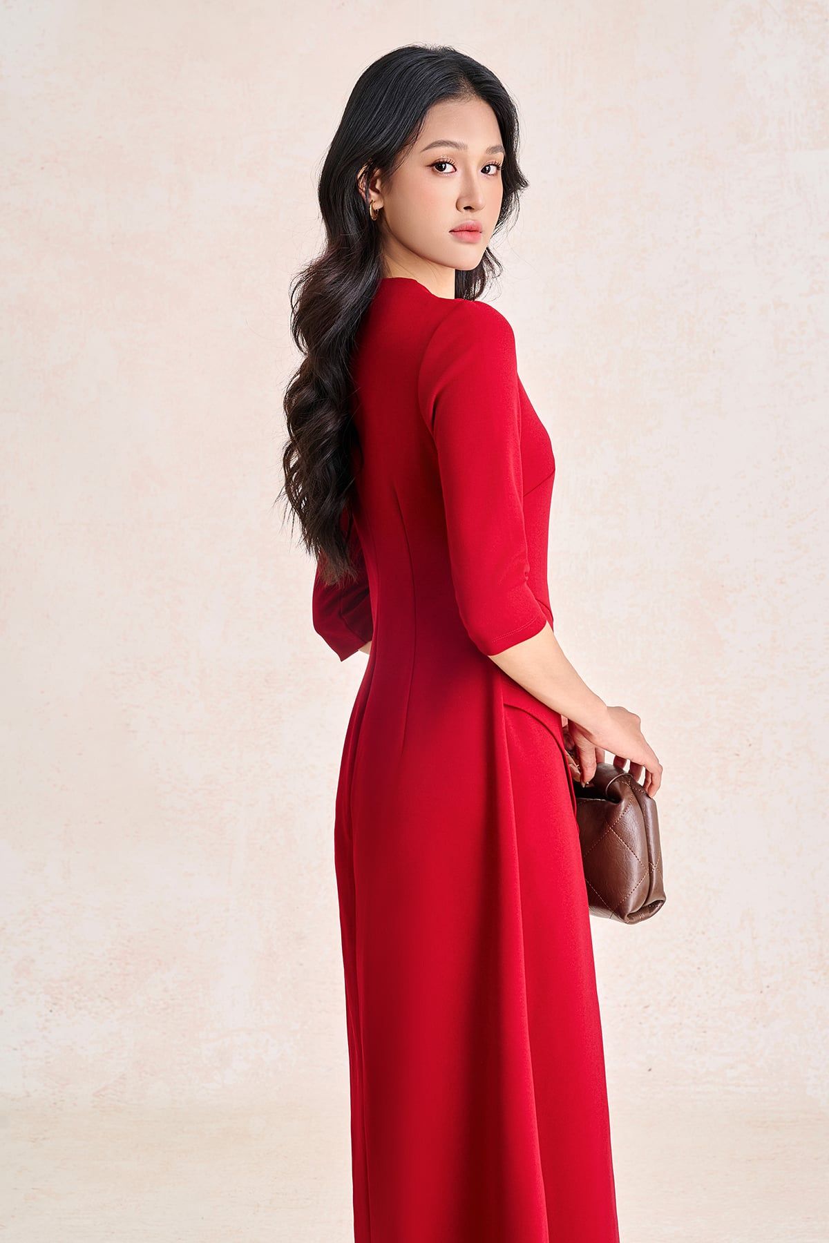 FDD9196 - Đầm dệt kim vải cotton dáng chữ A cổ tròn tay lửng thân váy phối nhún tạo kiểu khoá thân sau - PANTIO