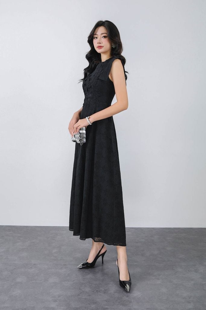 FDH1529 - Đầm dạ hội vải tơ dáng ôm cổ tròn vai chờm thân váy phối ren hoa tạo kiểu khoá thân sau - PANTIO