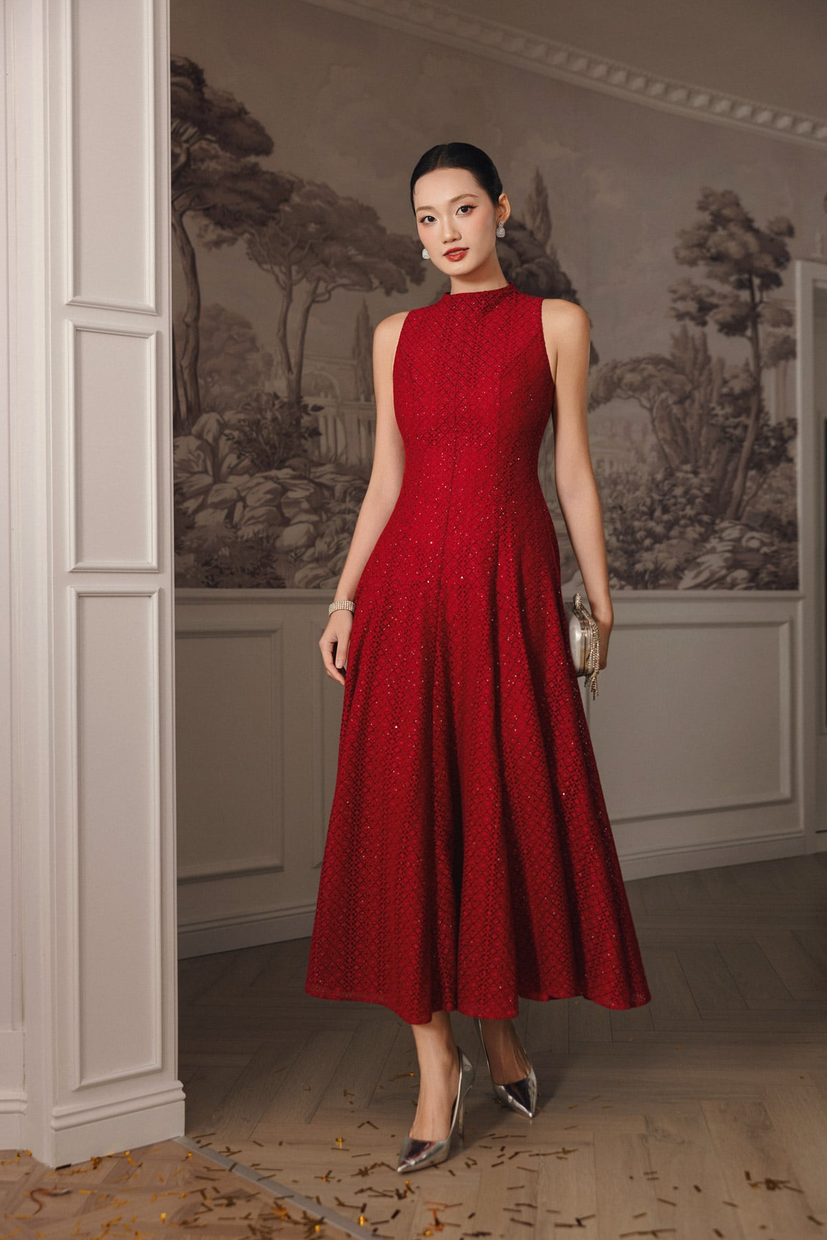 FDH5585 - Đầm dạ hội cao cấp vải ren hoa dáng ôm cổ cao không tay thân váy phối đường ly chiết tạo kiểu lkhoá thân sau - PANTIO