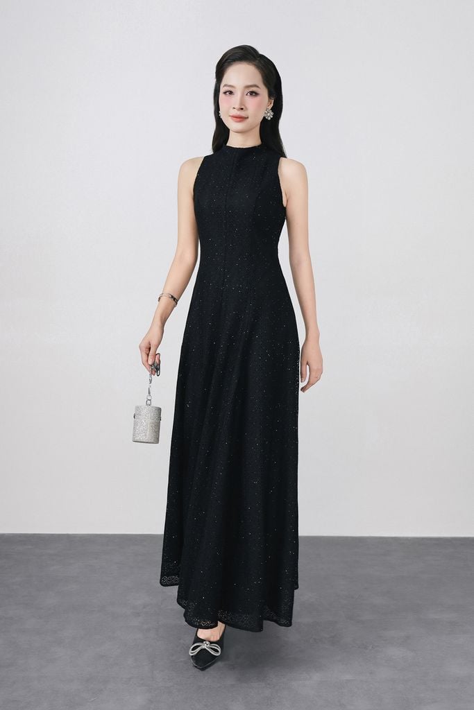 FDH5585 - Đầm dạ hội cao cấp vải ren hoa dáng ôm cổ cao không tay thân váy phối đường ly chiết tạo kiểu lkhoá thân sau - PANTIO