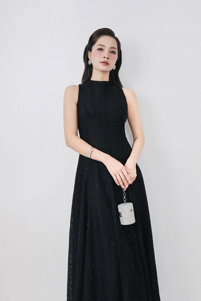 FDH5585 - Đầm dạ hội cao cấp vải ren hoa dáng ôm cổ cao không tay thân váy phối đường ly chiết tạo kiểu lkhoá thân sau - PANTIO