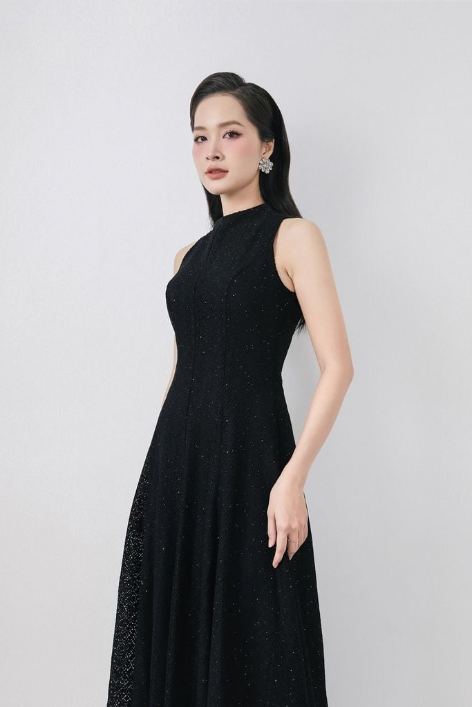 FDH5585 - Đầm dạ hội cao cấp vải ren hoa dáng ôm cổ cao không tay thân váy phối đường ly chiết tạo kiểu lkhoá thân sau - PANTIO