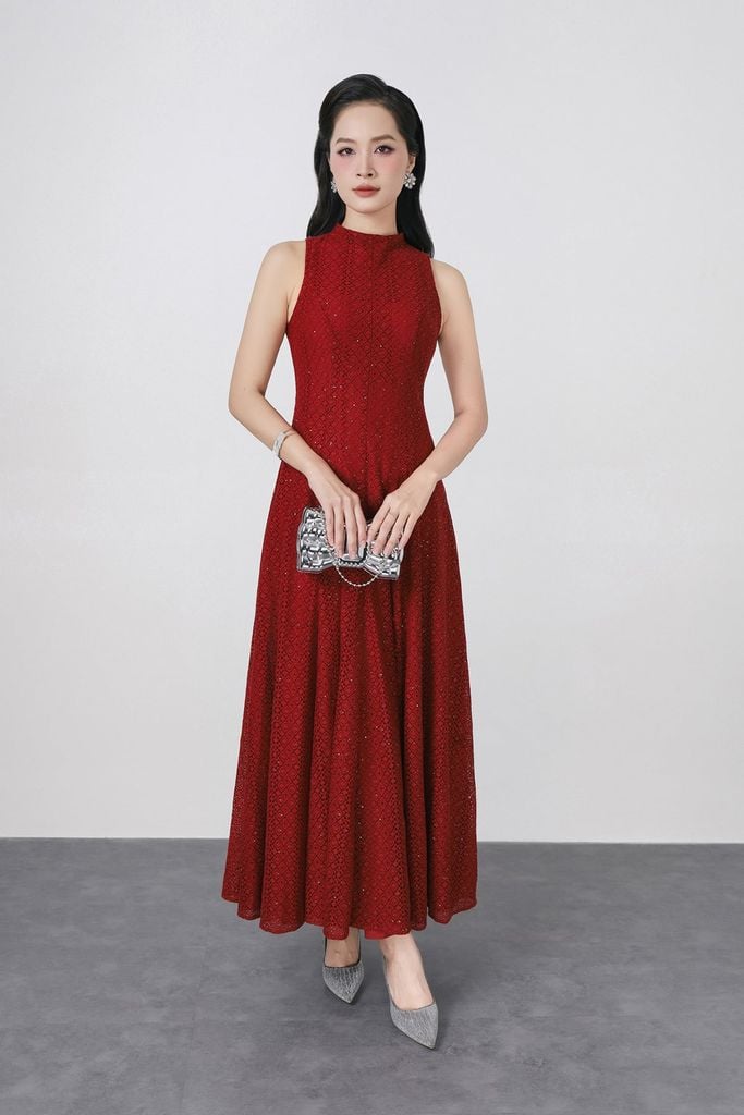 FDH5585 - Đầm dạ hội cao cấp vải ren hoa dáng ôm cổ cao không tay thân váy phối đường ly chiết tạo kiểu lkhoá thân sau - PANTIO