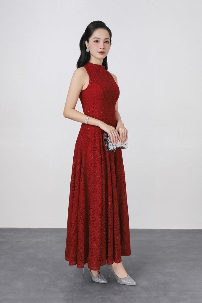 FDH5585 - Đầm dạ hội cao cấp vải ren hoa dáng ôm cổ cao không tay thân váy phối đường ly chiết tạo kiểu lkhoá thân sau - PANTIO