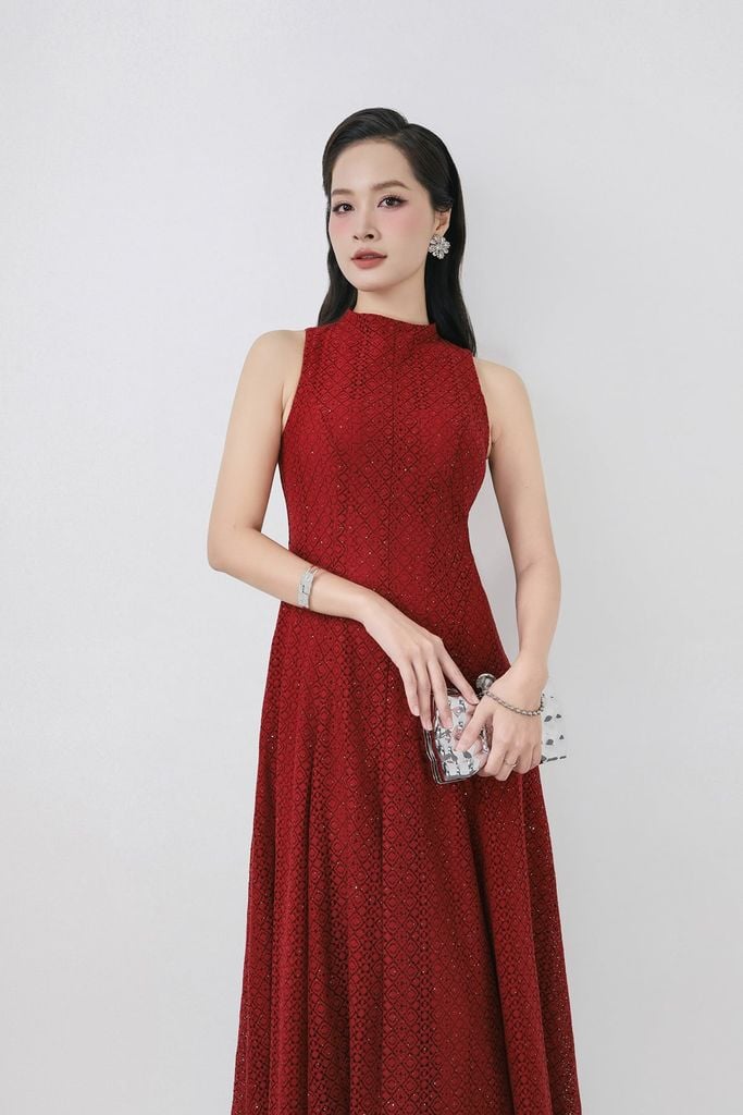 FDH5585 - Đầm dạ hội cao cấp vải ren hoa dáng ôm cổ cao không tay thân váy phối đường ly chiết tạo kiểu lkhoá thân sau - PANTIO