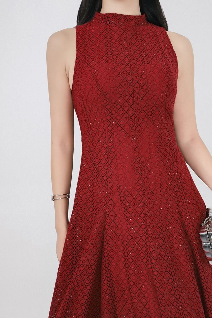 FDH5585 - Đầm dạ hội cao cấp vải ren hoa dáng ôm cổ cao không tay thân váy phối đường ly chiết tạo kiểu lkhoá thân sau - PANTIO