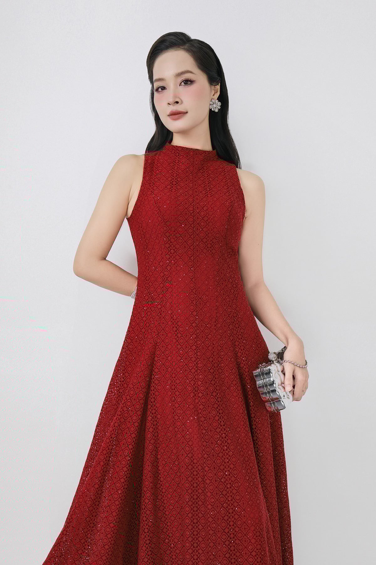 FDH5585 - Đầm dạ hội cao cấp vải ren hoa dáng ôm cổ cao không tay thân váy phối đường ly chiết tạo kiểu lkhoá thân sau - PANTIO