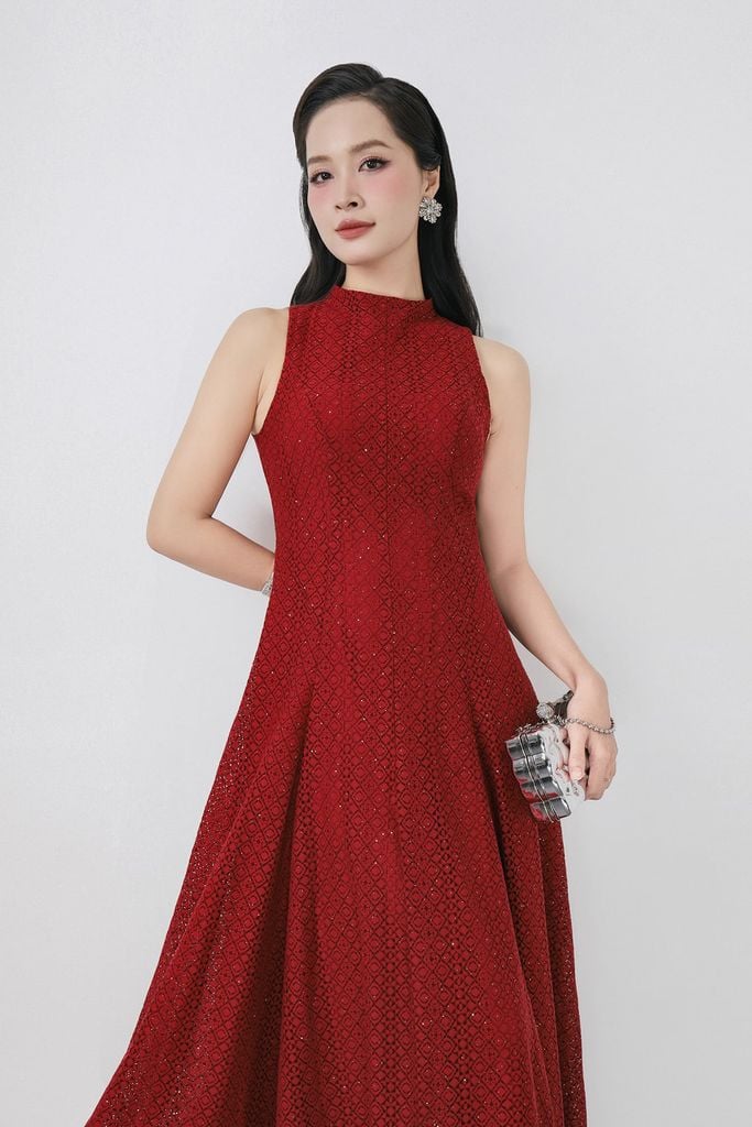 FDH5585 - Đầm dạ hội cao cấp vải ren hoa dáng ôm cổ cao không tay thân váy phối đường ly chiết tạo kiểu lkhoá thân sau - PANTIO