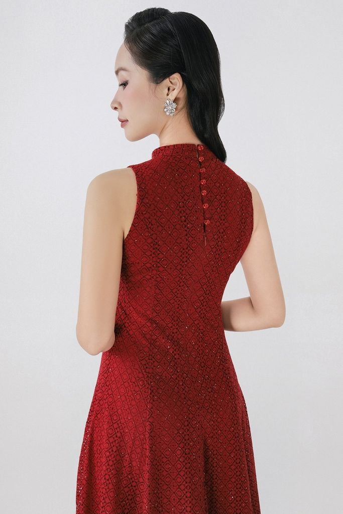 FDH5585 - Đầm dạ hội cao cấp vải ren hoa dáng ôm cổ cao không tay thân váy phối đường ly chiết tạo kiểu lkhoá thân sau - PANTIO