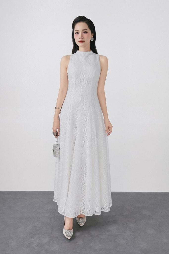 FDH5585 - Đầm dạ hội cao cấp vải ren hoa dáng ôm cổ cao không tay thân váy phối đường ly chiết tạo kiểu lkhoá thân sau - PANTIO