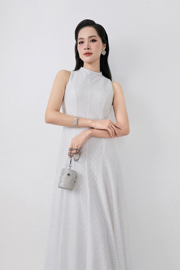 FDH5585 - Đầm dạ hội cao cấp vải ren hoa dáng ôm cổ cao không tay thân váy phối đường ly chiết tạo kiểu lkhoá thân sau - PANTIO