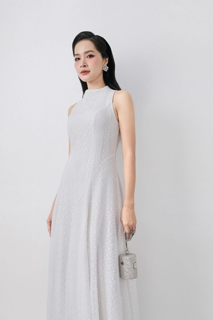 FDH5585 - Đầm dạ hội cao cấp vải ren hoa dáng ôm cổ cao không tay thân váy phối đường ly chiết tạo kiểu lkhoá thân sau - PANTIO