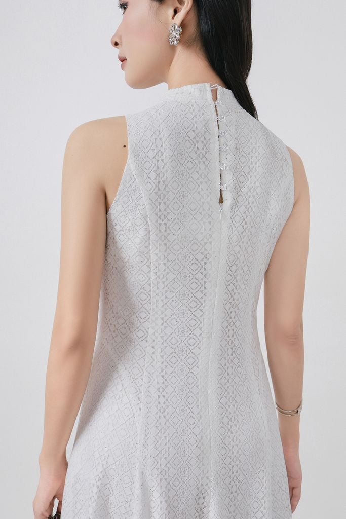 FDH5585 - Đầm dạ hội cao cấp vải ren hoa dáng ôm cổ cao không tay thân váy phối đường ly chiết tạo kiểu lkhoá thân sau - PANTIO