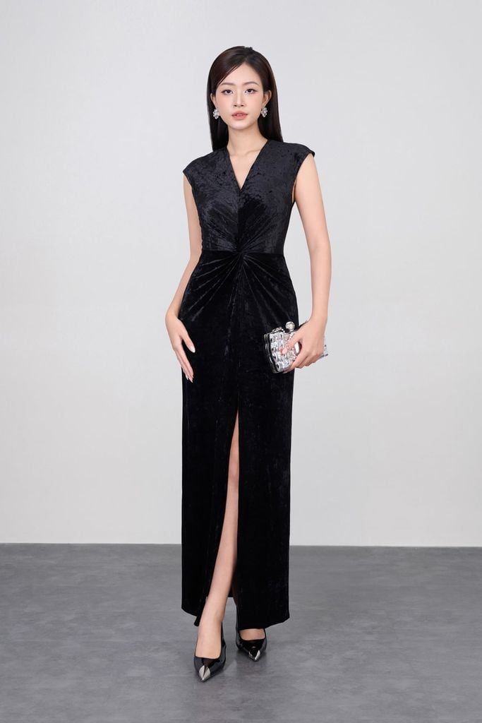 FDH5597 - Đầm dạ hội vải nhung cao cấp dáng ôm cổ xẻ V tay chờm eo nhún tạo kiểu xẻ tà trước - PANTIO