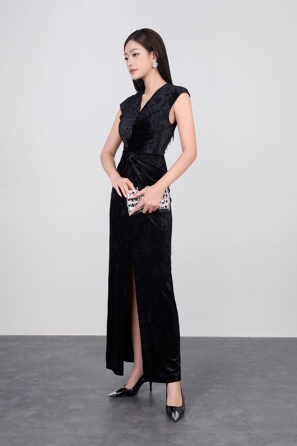 FDH5597 - Đầm dạ hội vải nhung cao cấp dáng ôm cổ xẻ V tay chờm eo nhún tạo kiểu xẻ tà trước - PANTIO