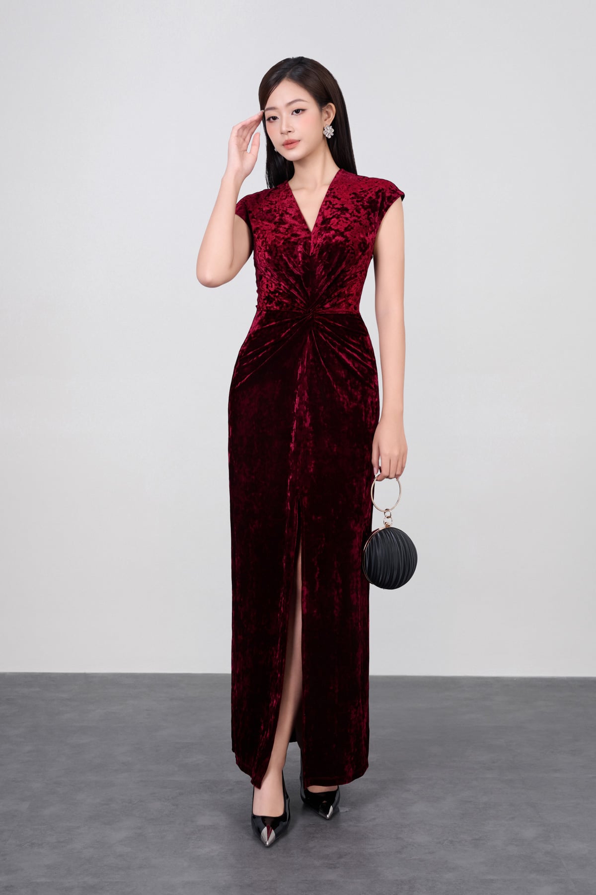 FDH5597 - Đầm dạ hội vải nhung cao cấp dáng ôm cổ xẻ V tay chờm eo nhún tạo kiểu xẻ tà trước - PANTIO