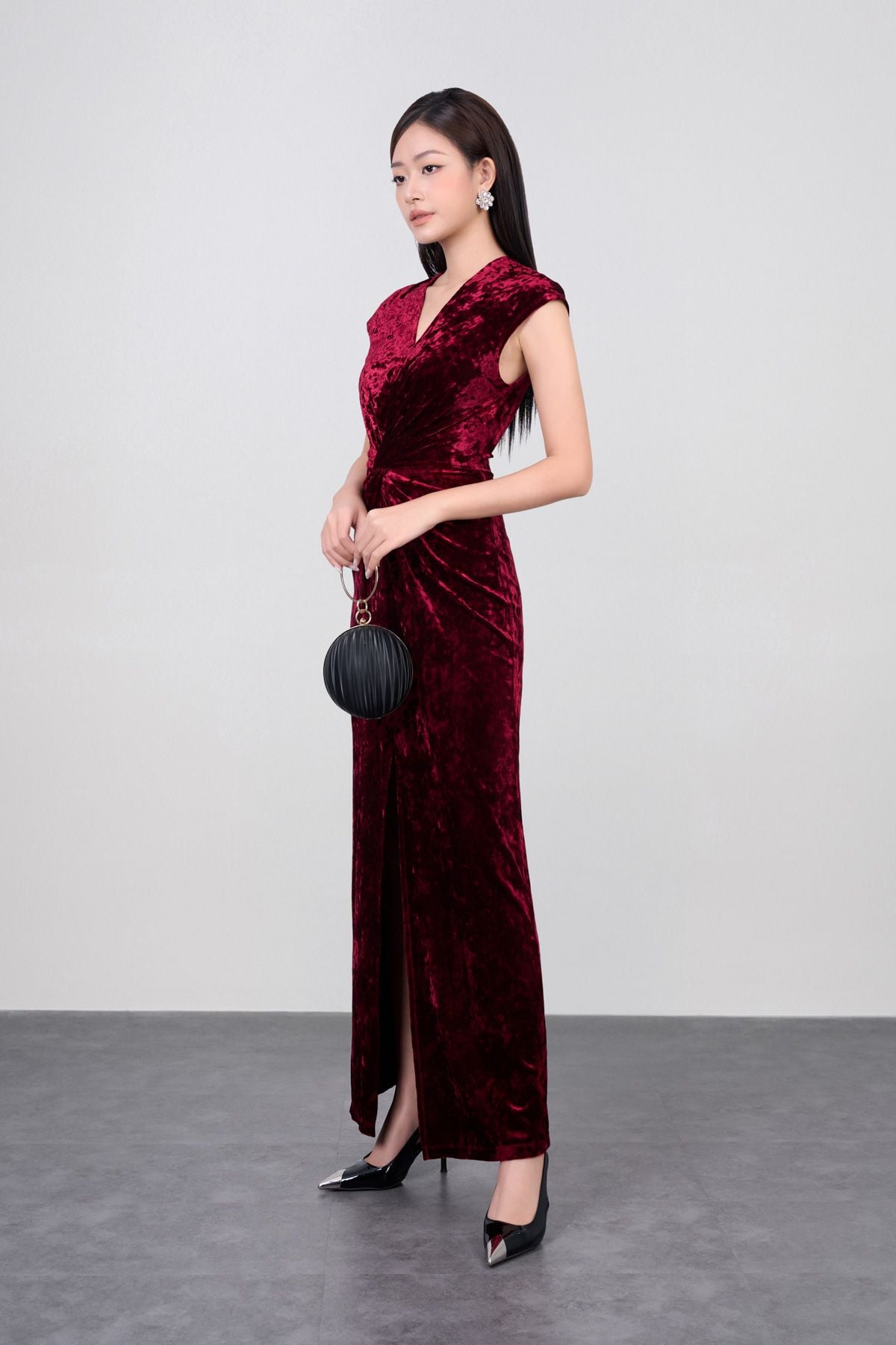 FDH5597 - Đầm dạ hội vải nhung cao cấp dáng ôm cổ xẻ V tay chờm eo nhún tạo kiểu xẻ tà trước - PANTIO