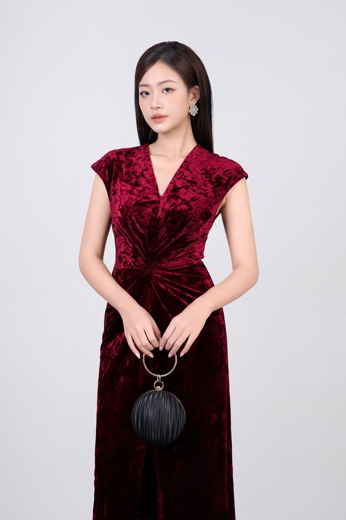 FDH5597 - Đầm dạ hội vải nhung cao cấp dáng ôm cổ xẻ V tay chờm eo nhún tạo kiểu xẻ tà trước - PANTIO