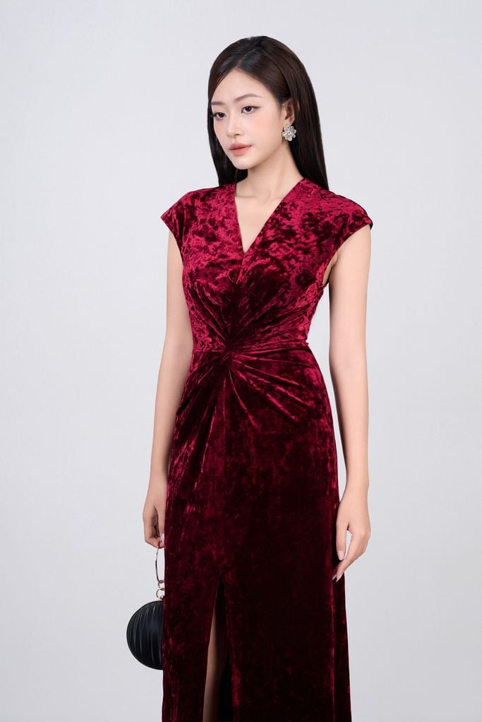 FDH5597 - Đầm dạ hội vải nhung cao cấp dáng ôm cổ xẻ V tay chờm eo nhún tạo kiểu xẻ tà trước - PANTIO